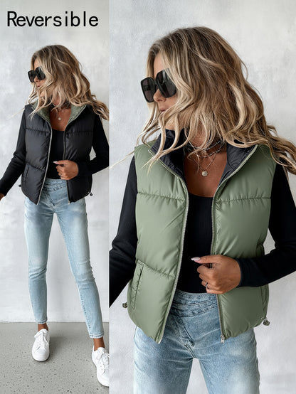 Stand Collar Sleeveless Zip Up Drawstring Hem Vest Casual Two-Way Reversible Ladies Warm Winter Padded Coat