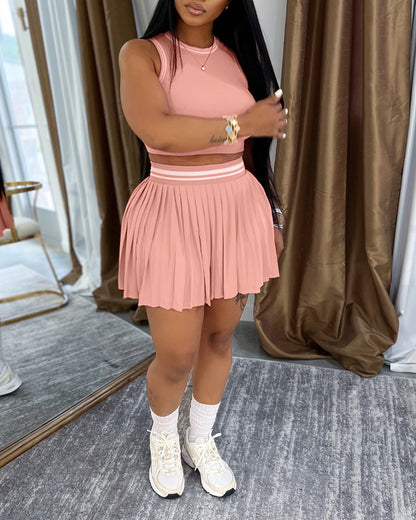 2 Pieces Outfit Round Neck Sleeveless Crop Tank Top and Elastic Waist Pleated Mini Skirt Set Casual Contrast Paneled Set