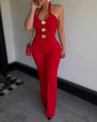 Women's Criss Cross Halter Front Gold Button Flare Jumpsuit Elegant Evening Overalls