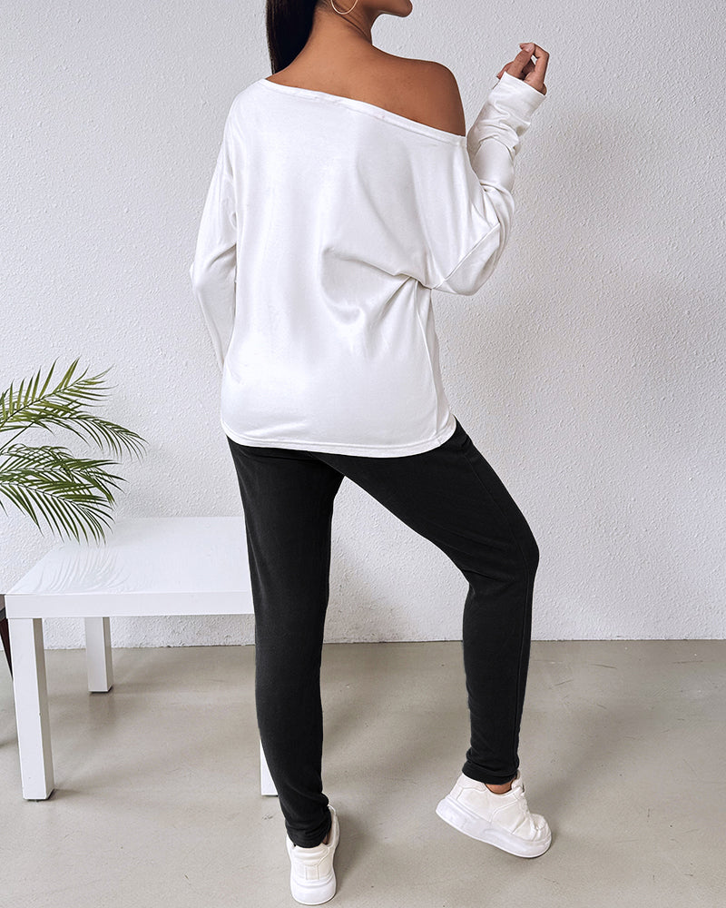 2 Pieces Outfit Nope. Not Today Slogan Print Skew Neck Long Sleeve Pullover Top And Casual Drawstring Stretchy Waist Slim Fit Pants Set