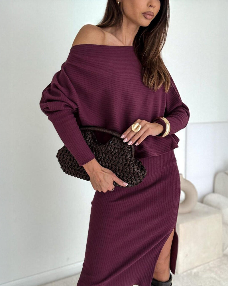 2 Pieces Outfit Skew Neck Batwing Sleeve Top and Side Slit Skirt Set Casual Ribbed Set