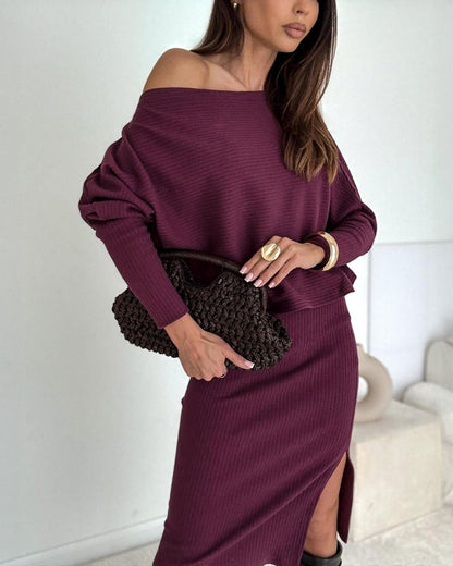 2 Pieces Outfit Skew Neck Batwing Sleeve Top and Side Slit Skirt Set Casual Ribbed Set