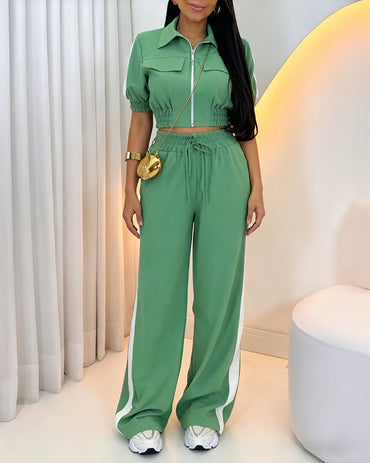 2 Pieces Outfit Turn-down Collar Zip Up Flap Pockets Design Stretchy Hem Crop Top and Drawstring Elastic Waist Wide Leg Pants Set Casual Contrast Tape Side Set