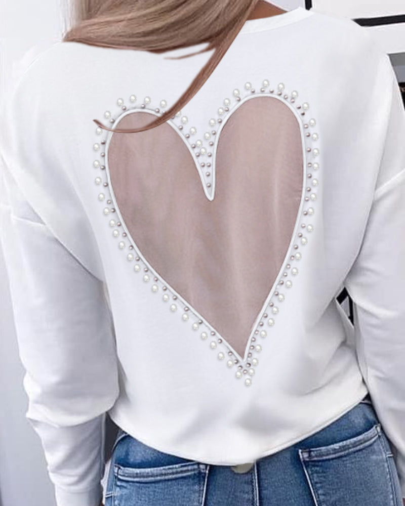 Pearls Decor Sheer Heart Pattern Mesh Spliced Tee Casual Drop Shoulder Long Sleeve Top