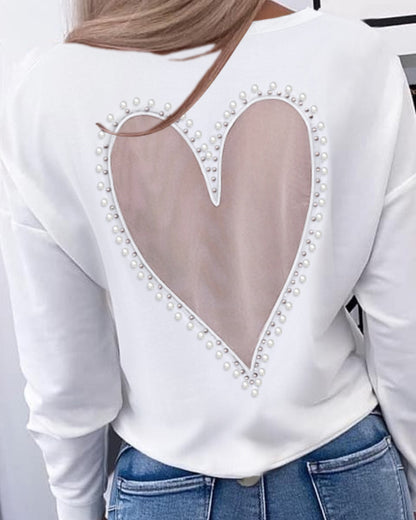 Pearls Decor Sheer Heart Pattern Mesh Spliced Tee Casual Drop Shoulder Long Sleeve Top