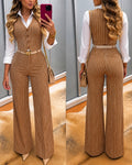 Women's Striped 2 Piece Outfit V Neck Button Down Suit Vest and High Waisted Wide Leg Pants Elegant Commute Set