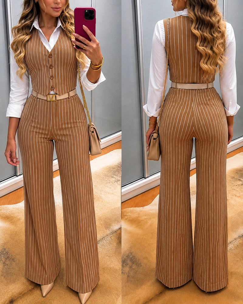 Women's Striped 2 Piece Outfit V Neck Button Down Suit Vest and High Waisted Wide Leg Pants Elegant Commute Set