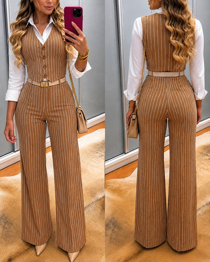 Women's Striped 2 Piece Outfit V Neck Button Down Suit Vest and High Waisted Wide Leg Pants Elegant Commute Set
