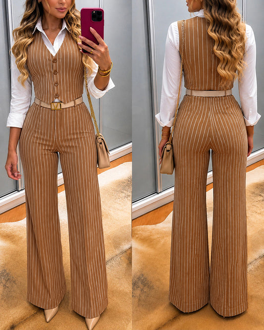 Women's Striped 2 Piece Outfit V Neck Button Down Suit Vest and High Waisted Wide Leg Pants Elegant Commute Set