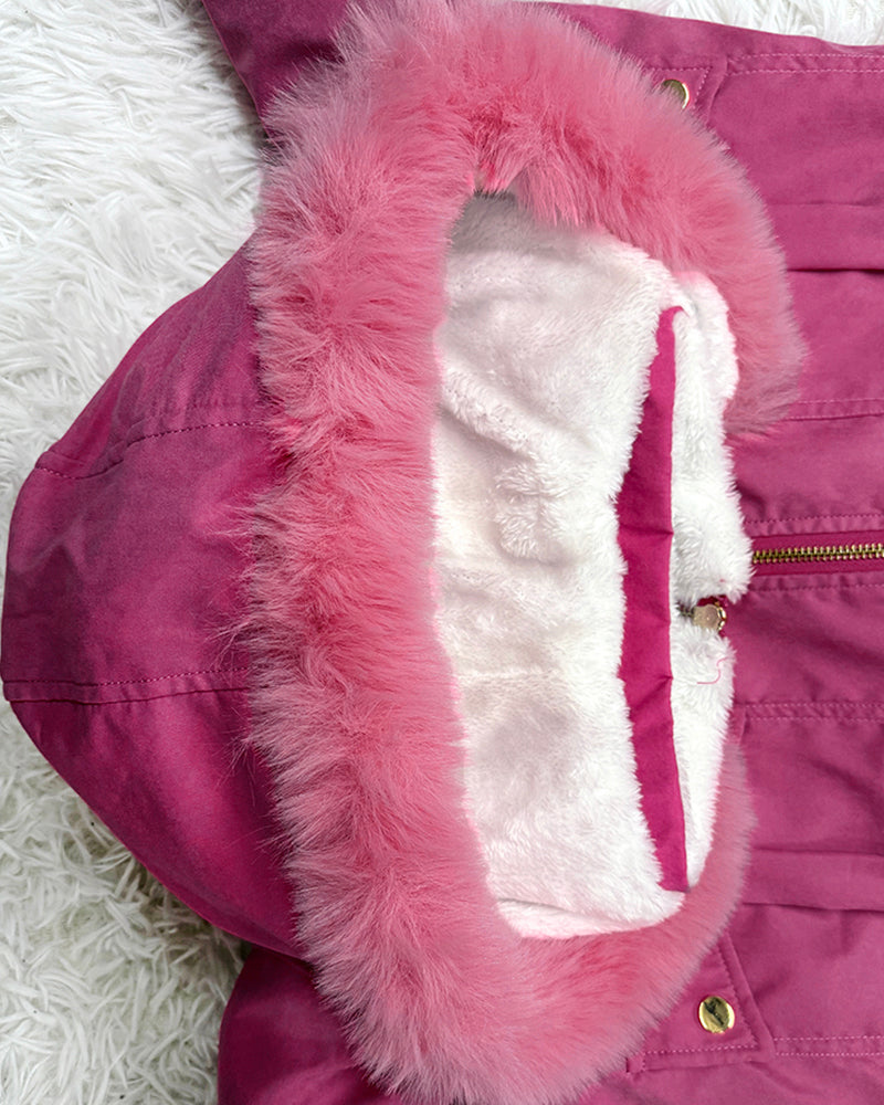 Fuzzy Trim Jacket Hooded Zip Up Fleece Lined Coat Outwear with Pockets