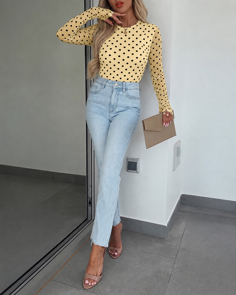 Women's Mesh Polka Dot Top Lined Sheer Long Sleeve Tee Crewneck Slim Fit Layering Under Base Top with Thumbholes