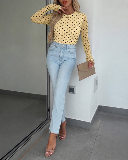 Women's Mesh Polka Dot Top Lined Sheer Long Sleeve Tee Crewneck Slim Fit Layering Under Base Top with Thumbholes
