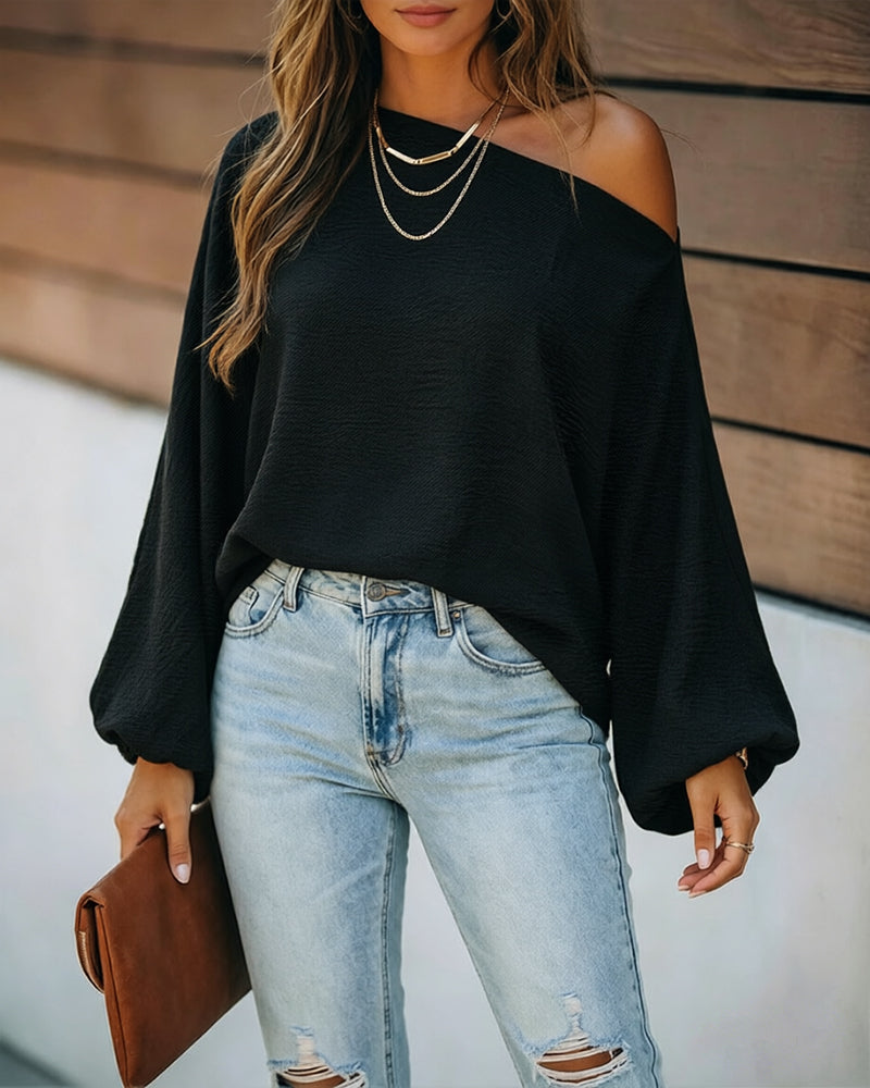 Women's French Style Off Shoulder Blouse Elegant Lantern Sleeve Top Versatile Skew Neck Textured Shirt