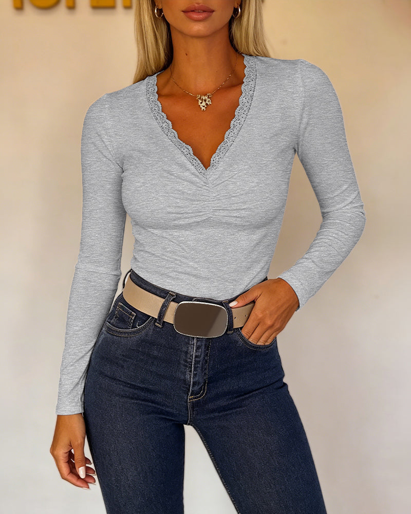Women's Lace V Neck Ruched T Shirt Slim Fit Long Sleeve Tee Casual Elegant Top
