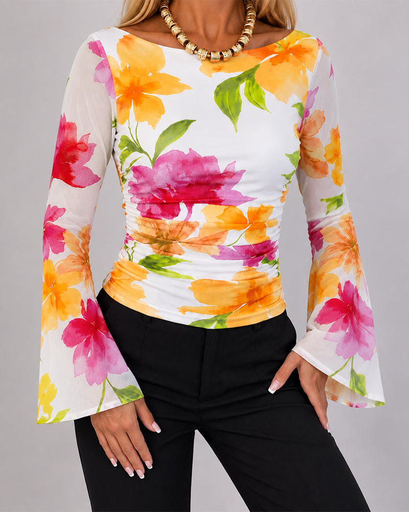 Women's Watercolor Floral Boat Neck Mesh Flare Sleeve Ruched Slim Fit Top