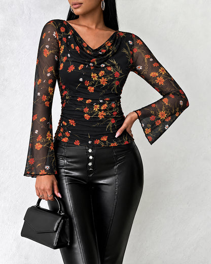 Women's Vintage Floral Mesh Cowl Neck Ruched Side Flare Long Sleeve Top