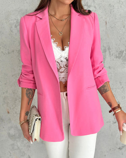 Notched Collar Roll Up Sleeve Blazer Coat