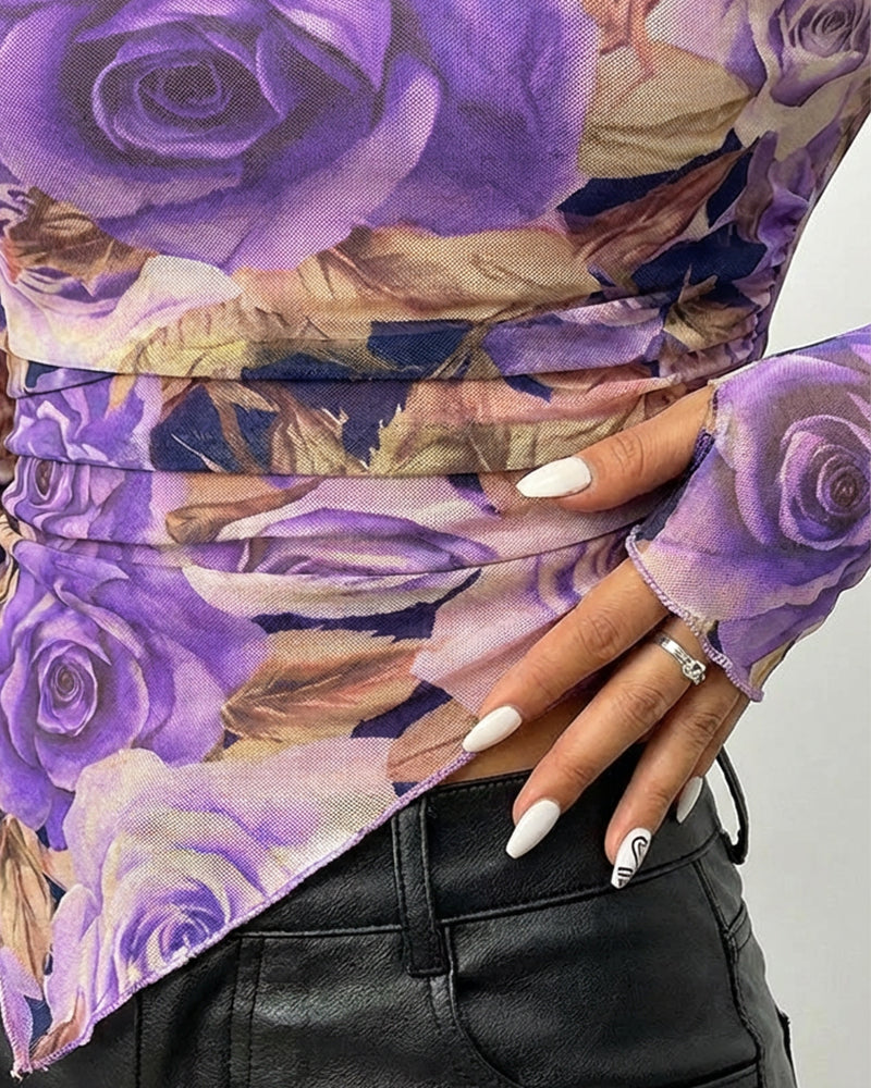 Vintage Floral Print Skew Neck Long Sleeve Asymmetrical Hem Tee Slim Fit Side Ruched Sheer Mesh Top with Thumb Hole Cuffs & Lining