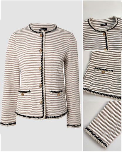 Women's Striped Knit Coat Contrast Binding Button Down Cardigan Round Neck Crop Blazer Coat with Pockets