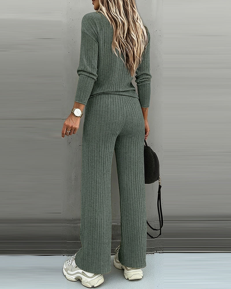 2 Pieces Outfit Button Decor V-Neck Long Sleeve Top and Elastic Waist Straight Leg Pants Set Casual Ribbed Set