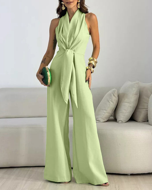 Halter Sleeveless Ruched Zipper Back Overalls Elegant Tie Waist Wide Leg Jumpsuit