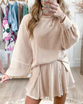 Women's 2 Piece Textured Set Lantern Sleeve Side Slit Loose Top and Ruffle A Line Skort