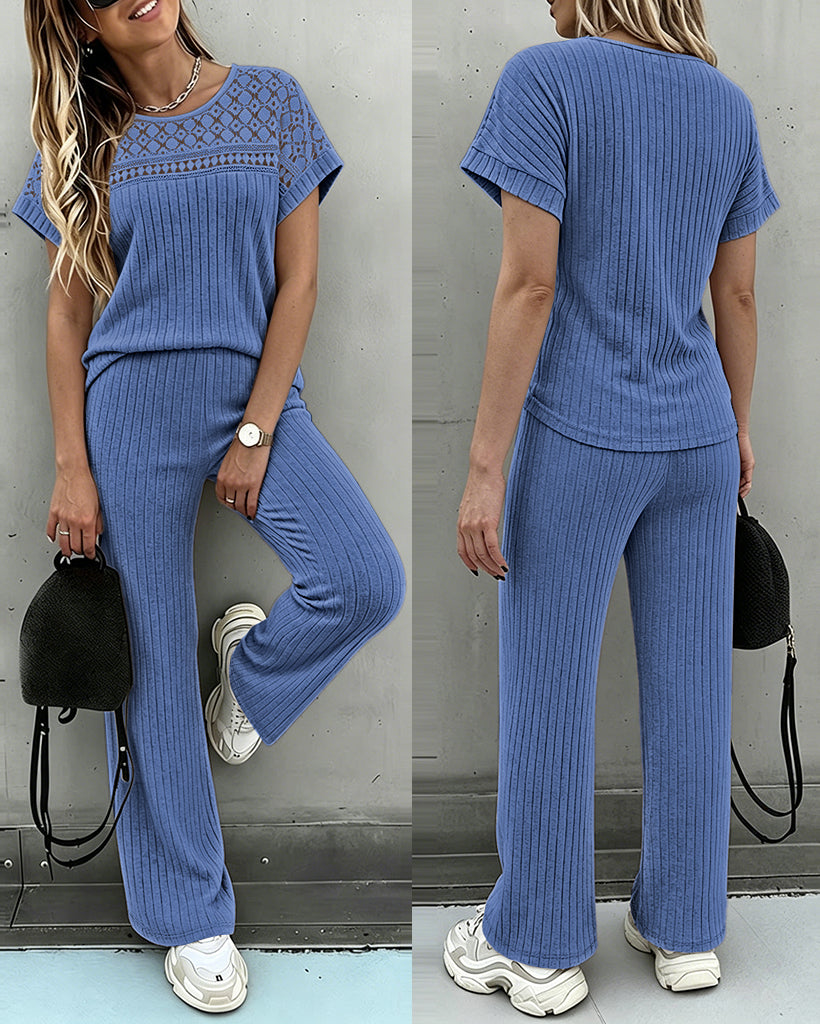 Women's 2 Piece Knit Set Lace Patchwork Short Sleeve Top and Wide Leg Pants Casual Ribbed Brushed Lounge Set