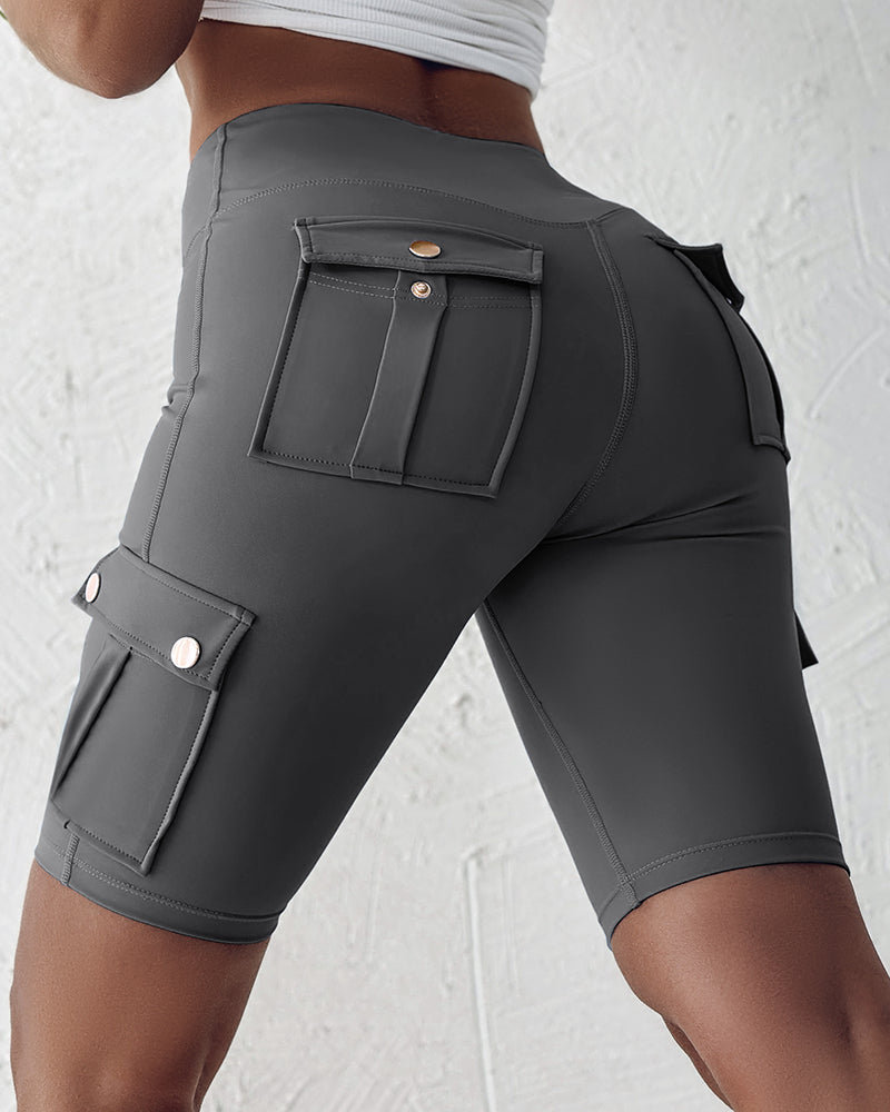 Tummy Control Butt Lifting Active Shorts High Waist Flap Pocket Workout Bermuda Cargo Running Shorts