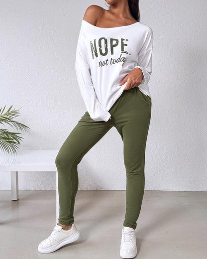 2 Pieces Outfit Nope. Not Today Slogan Print Skew Neck Long Sleeve Pullover Top And Casual Drawstring Stretchy Waist Slim Fit Pants Set
