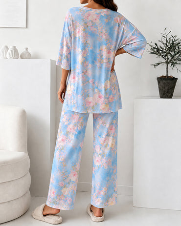 Women's 2 Piece Floral Print Pajama Set Half Sleeve Side Slit Top and Straight Leg Pants Casual Loungewear