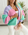 Women's Colorblock Knit Cardigan Chunky Knit Sweater Ribbed Trim Long Sleeve Casual Loose Knitwear