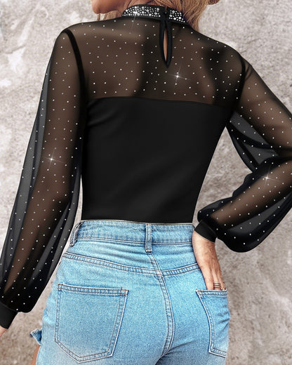 Rhinestone Decor Mock Neck Lantern Sleeve Sheer Mesh Spliced Tee Hollow-out Back Slim Fit Top