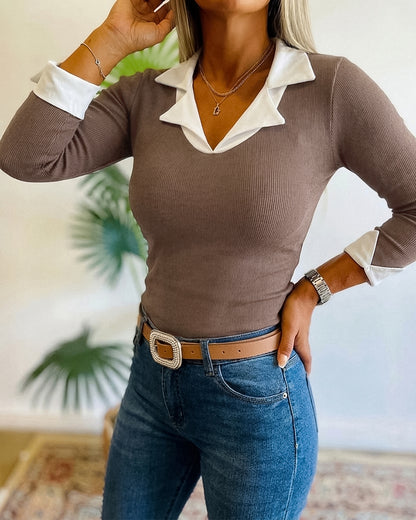 Women's Contrast Lapel Collar Faux Two-Piece Knit Top Long Sleeve Slim Fit Top