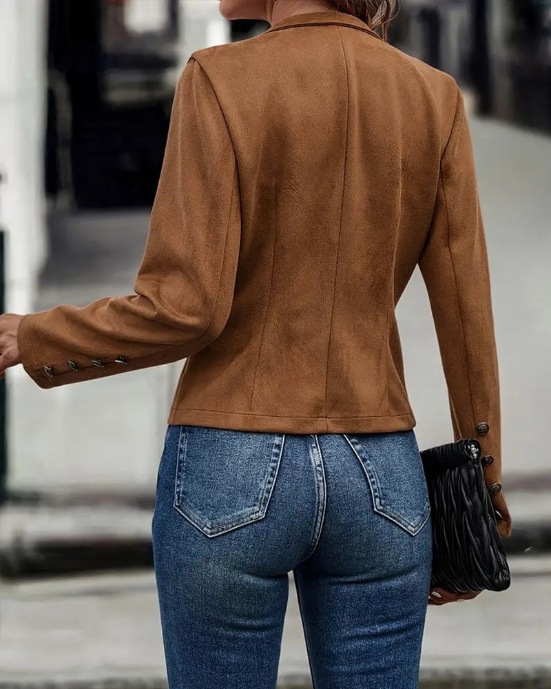 Faux Suede Stand Collar Jacket Open Front Button Decor Casual Coat