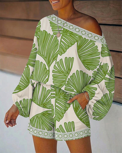 Women's Tropical Leaf Print 2 Piece Set Skew Neck Lantern Sleeve Top and Elastic Waist Shorts with Pockets & Lace