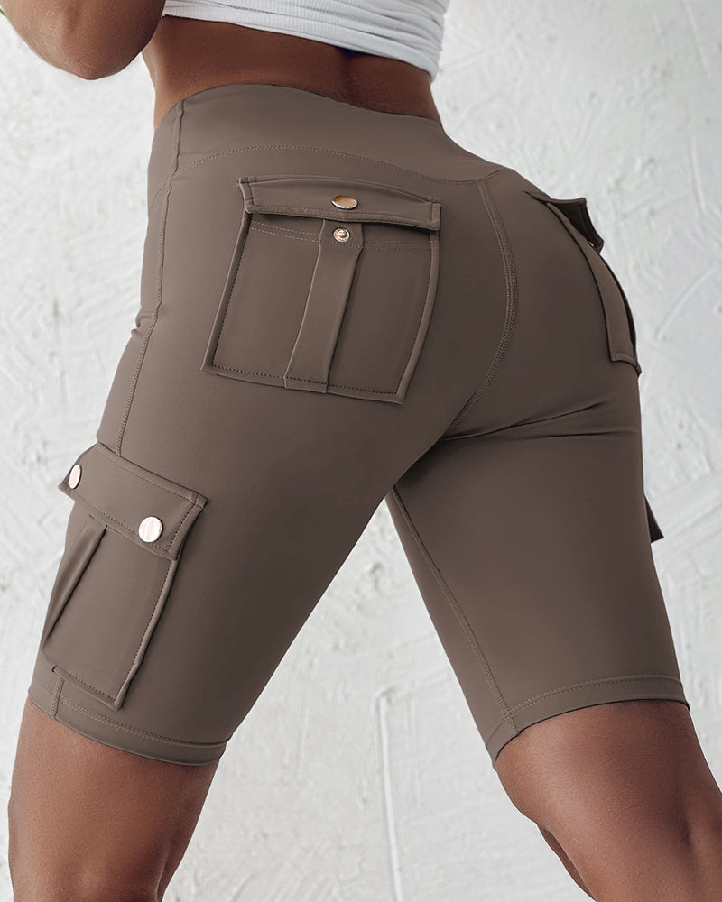 Tummy Control Butt Lifting Active Shorts High Waist Flap Pocket Workout Bermuda Cargo Running Shorts