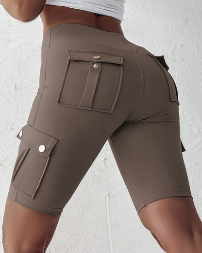 Tummy Control Butt Lifting Active Shorts High Waist Flap Pocket Workout Bermuda Cargo Running Shorts