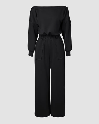 Off Shoulder V Back Elastic Waist Pockets Design Jumpsuit Casual Drop Shoulder Cinched Waist Wide Leg Jumpsuit