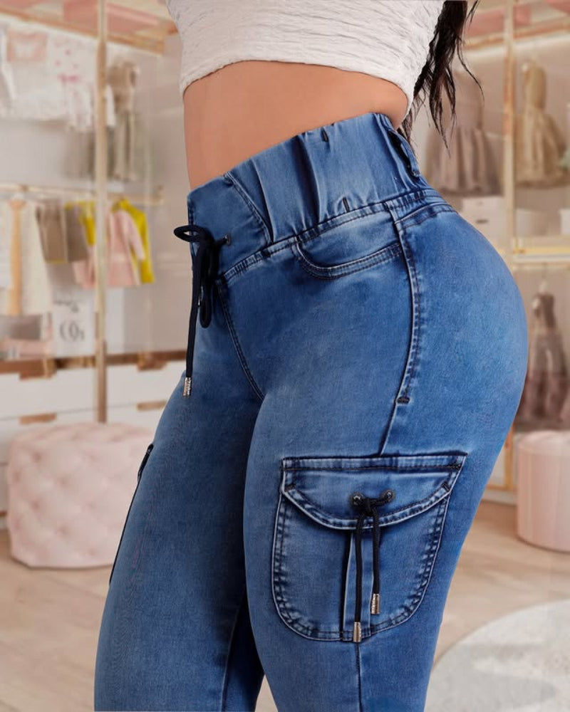 Casual High Waist Drawstring Capris Jeans with Pocket