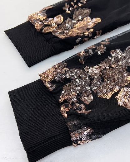 Floral Pattern Baseball Collar Long Sleeve Coat Contrast Sequin Zip Up Jacket