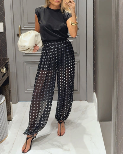 CHICME Women's Polka Dot Sheer Lantern Pants High Waist Loose Fit Harem Pants Vintage See-Through Trousers with Lining