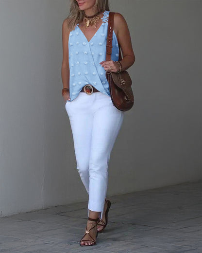 Jacquard Polka Dot Webbing Patch Criss Cross Tank Casual Loose Fit Sleeveless Top