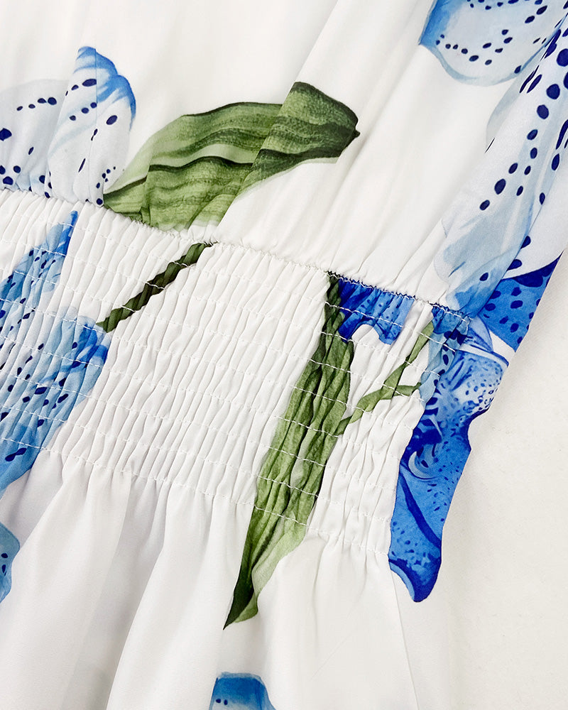 Floral Print Turn-down Collar Turn-Up Sleeves Shirred Back Shirt Dress Casual Button Down Cinched Waist Asymmetrical Hem Vacation Dress