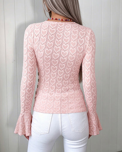 Women's Heart Jacquard Overlap V Neck Top Flare Long Sleeve Side Button Ruched Blouse Slim Fit Wrap Top