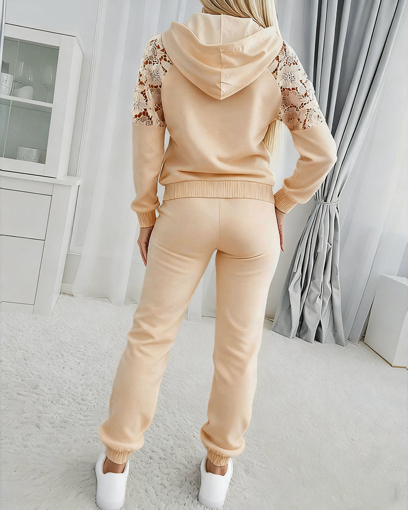 2 Pieces Outfit Guipure Lace Spliced Kangaroo Pocket Drawstring Hoodie Sweatshirt and Drawstring Elastic Waist Jogger Sweatpants Set