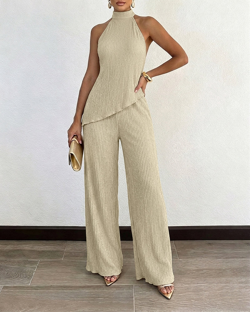 Women's Textured 2 Piece Outfits Halter Neck Backless Sleeveless Asymmetric Top and High Waist Wide Leg Pants Set