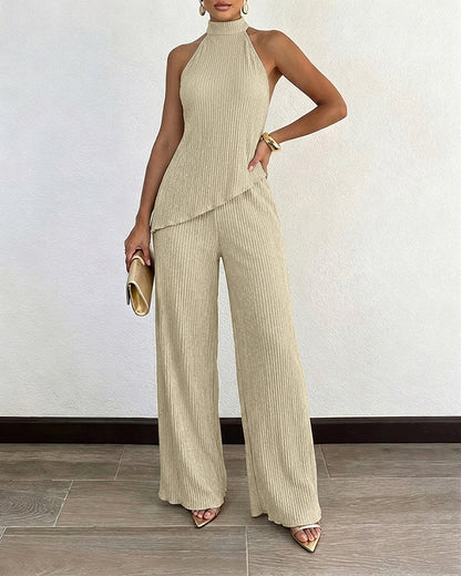 Women's Textured 2 Piece Outfits Halter Neck Backless Sleeveless Asymmetric Top and High Waist Wide Leg Pants Set