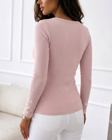 Women's Rhinestone Embellished Ribbed Long Sleeve Layering Top Slim Fit U-Neck Knit Tee Elegant Stretchy Pullover