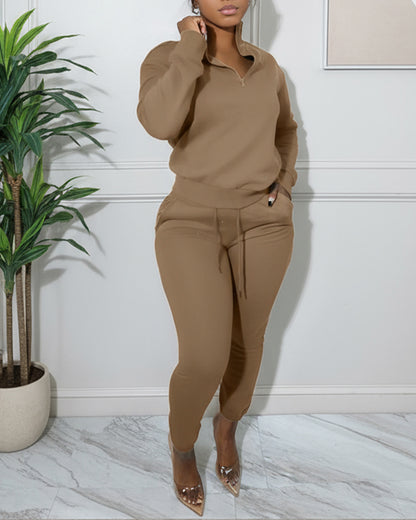 2 Pieces Outfit High Neck Half Zip Drop Shoulder Top and Drawstring Elastic Waist Slim Fit Jogger Pants Set Casual Tracksuit