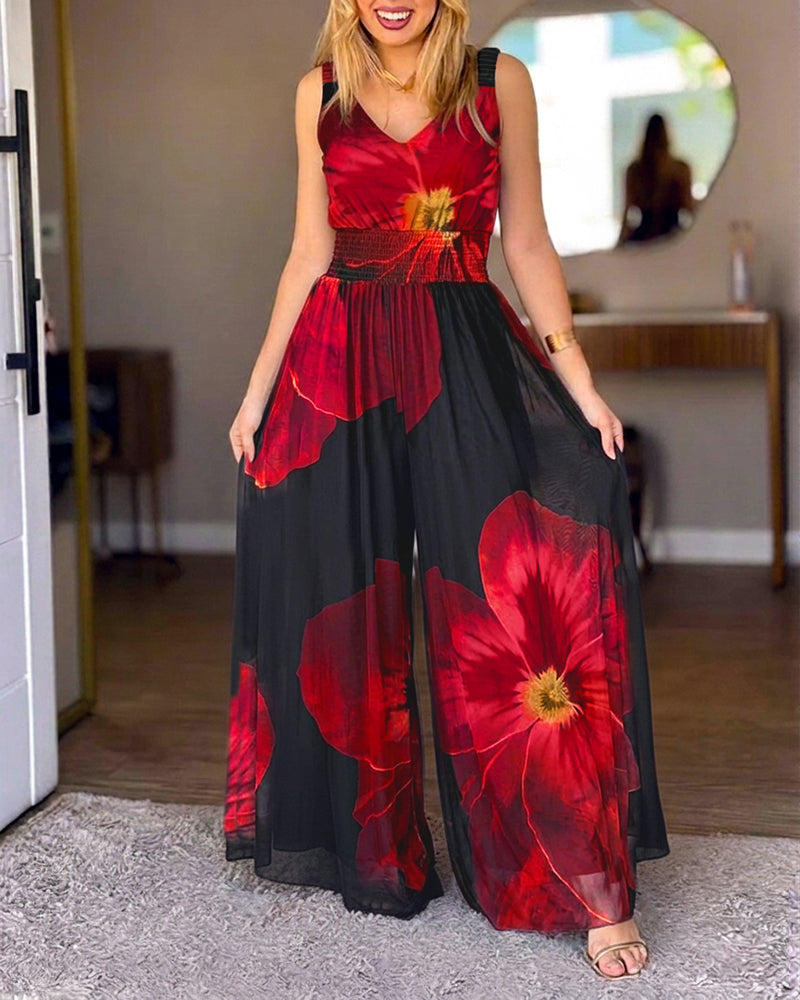 Women's Floral Print Mesh Jumpsuit V Neck Shirred Waist Wide Leg Overalls Backless Sleeveless Jumpsuit with Pockets